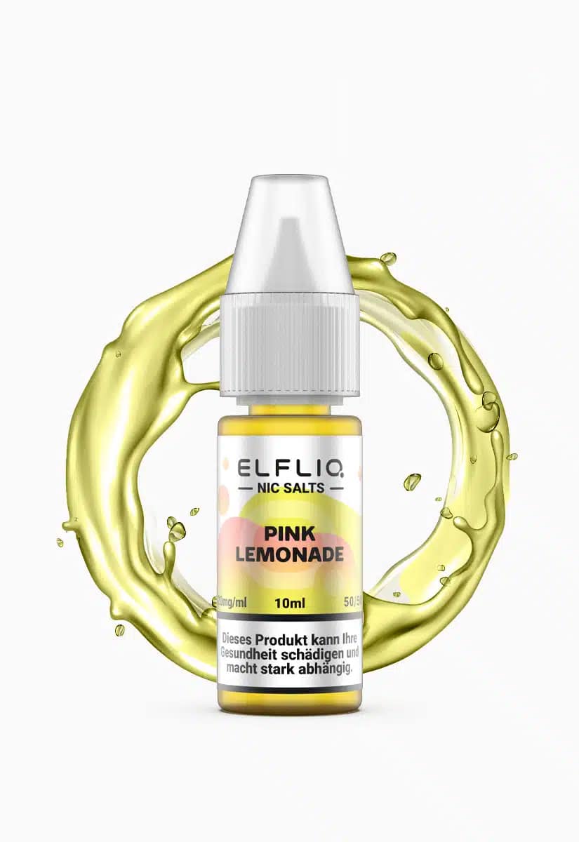 Elfliq Nic Salts Pink Lemonade E-Liquid 10mg 10ml Flasche mit gelbem Splash auf weißem Hintergrund