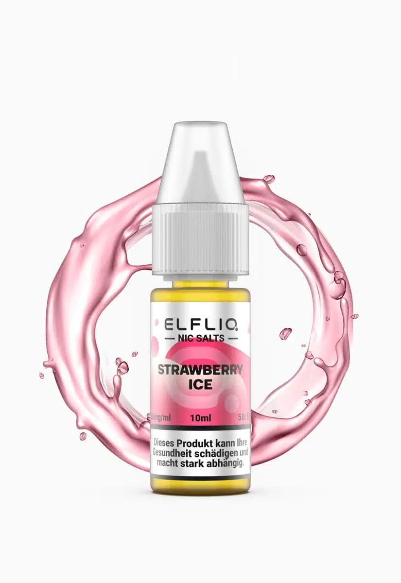 ELFLIQ Nic Salts Strawberry Ice E-Liquid 10mg 10ml Flasche mit rosa Splash-Hintergrund
