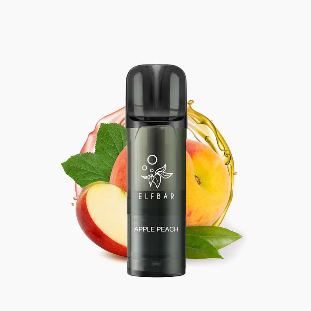 ELFBAR Vape Apple Peach mit 20 mg Nikotin, schwarzes Gerät vor Apfel- und Pfirsichmotiv auf weißem Hintergrund