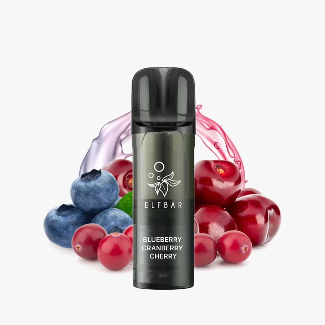 ELFBAR Vape Blueberry Cranberry Cherry 20 mg in Schwarz vor Blaubeeren, Cranberries und Kirschen auf weißem Hintergrund