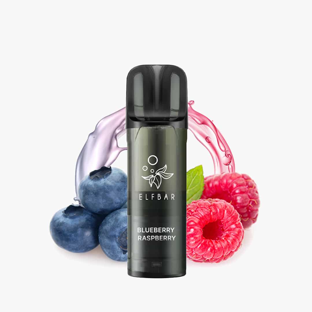 ELFBAR Vape Blueberry Raspberry 20 mg mit Blaubeeren und Himbeeren auf weißem Hintergrund