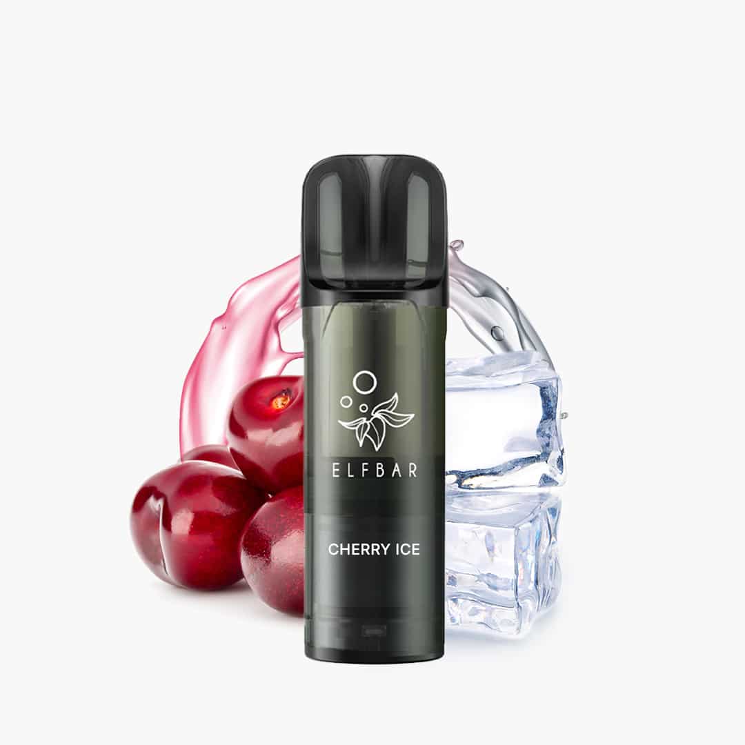 ELFBAR Cherry Ice Vape 20 mg mit Kirschen und Eiswürfeln auf weißem Hintergrund