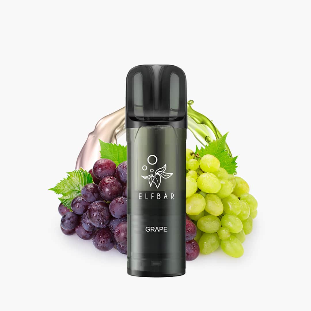 ELFBAR Grape Pod 20 mg, schwarzes Pod-Gerät vor grünen und dunklen Trauben auf weißem Hintergrund