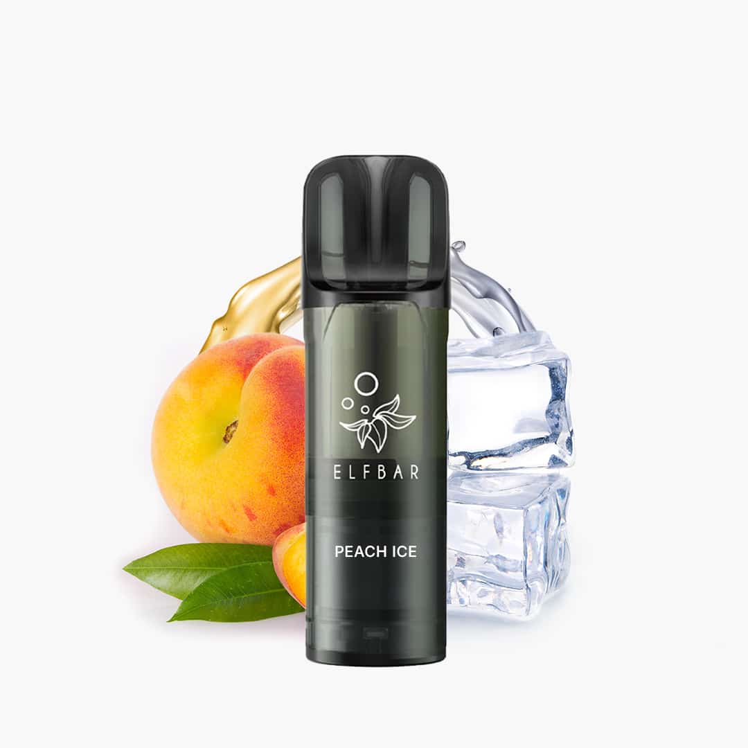 ELFBAR Peach Ice Vape 20 mg in Schwarz mit Pfirsich und Eiswürfeln im Hintergrund auf weißem Hintergrund