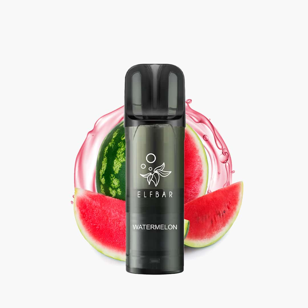ELFBAR Vape Watermelon 20 mg in Schwarz mit Wassermelonen-Scheiben und pinkem Splash auf weißem Hintergrund