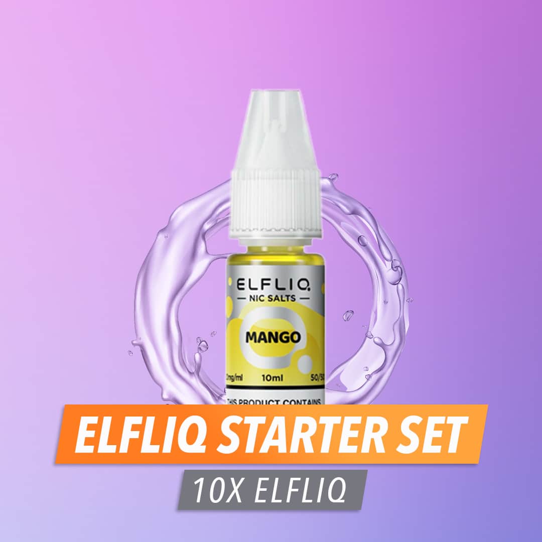 ELFLIQ Starter Set Mango 20 mg Nic Salts, 10x ELFLIQ 10 ml bottles on a purple background with splash effect
