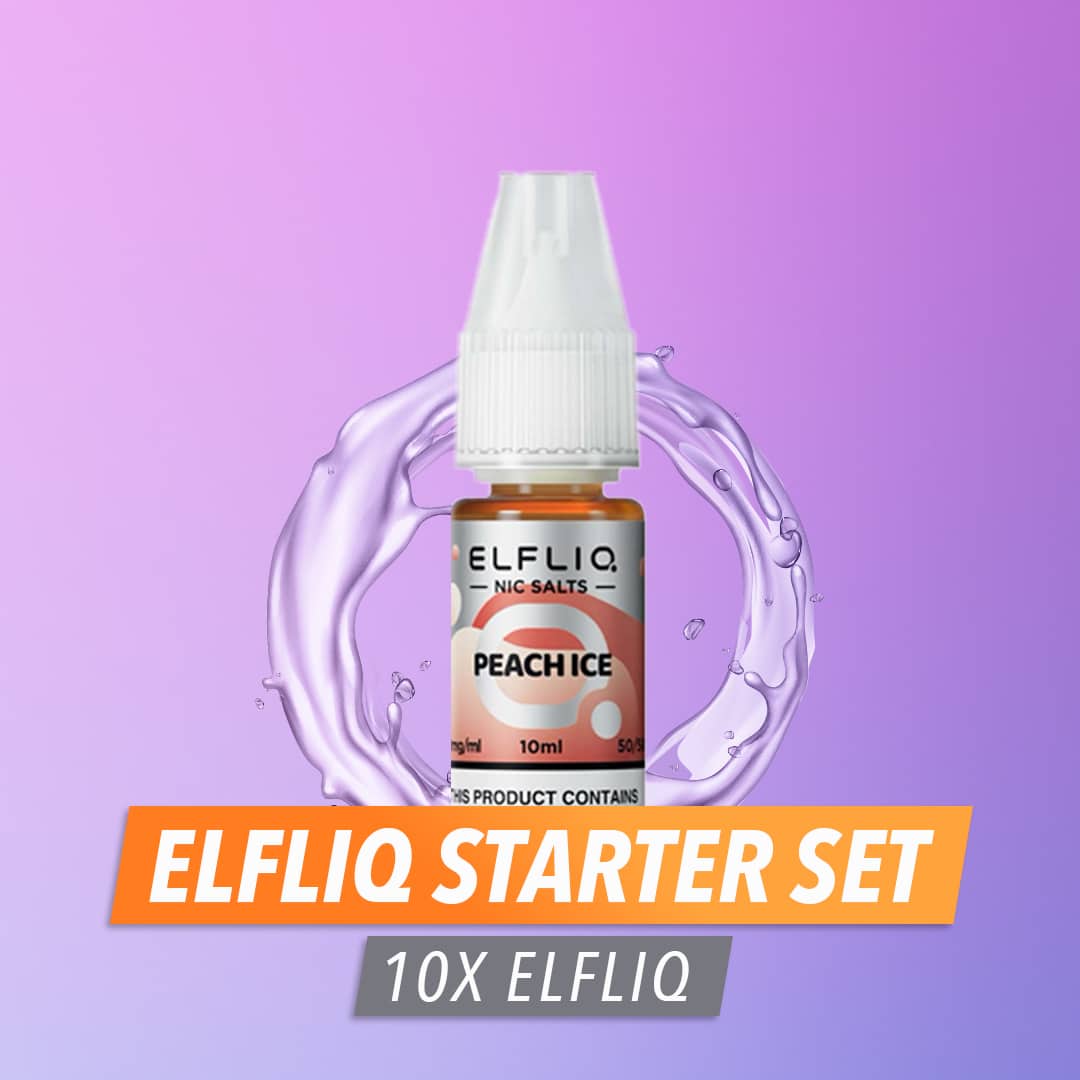 ELFLIQ Nic Salts Peach Ice 20 mg Starter Set 10x, Flasche vor lila Hintergrund mit Splash-Effekt