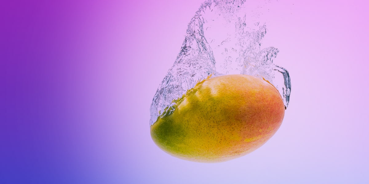 Mango mit Wasserspritzer vor violettem Verlaufshintergrund, freigestelltes Motiv