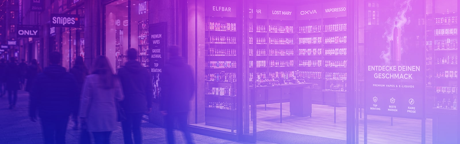 Vitrine d'un magasin de cigarettes électroniques avec étagères éclairées, marque ELFBAR, LOST MARY OXVA et Vaporesso, 20 mg