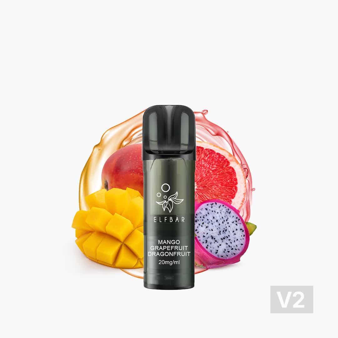 ELFBAR Vape Pod Mango Grapefruit Dragonfruit 20 mg/ml mit Mango-, Grapefruit- und Drachenfrucht-Motiv, V2