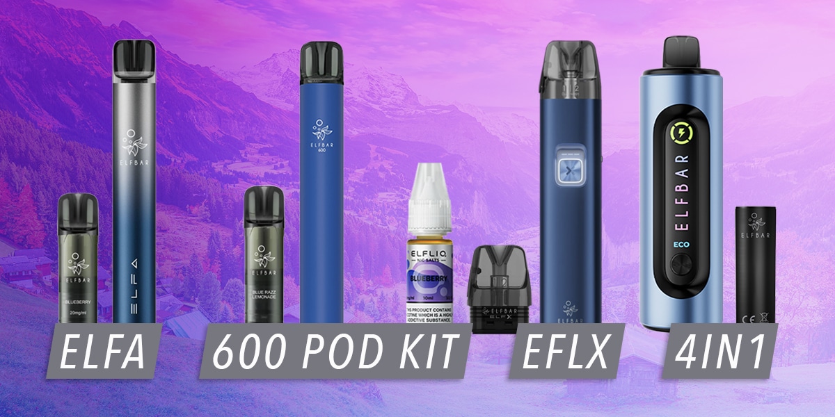 ELFBAR product overview: ELFA, 600 Pod Kit, EFLX and 4in1 devices as well as e-liquid, 20 mg, against a purple mountain background
