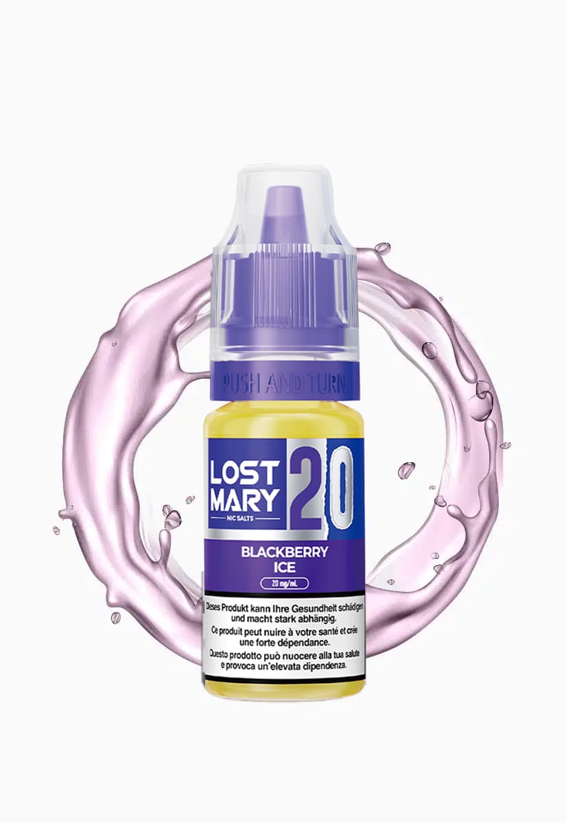 Lost Mary Nic Salts E-Liquid Blackberry Ice 20 mg in Flasche mit violettem Splash-Hintergrund