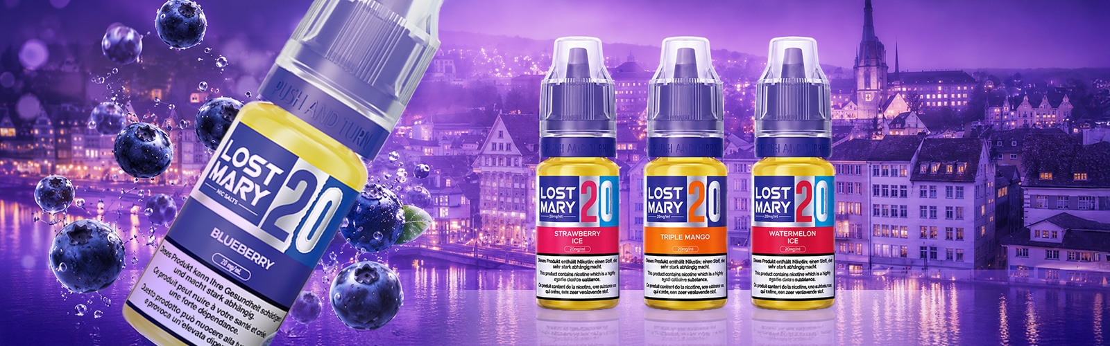 Lost Mary Flacone di e-liquid al mirtillo da 20 mg, mirtilli sullo sfondo e altro ancora Lost Mary varianti da 20 mg