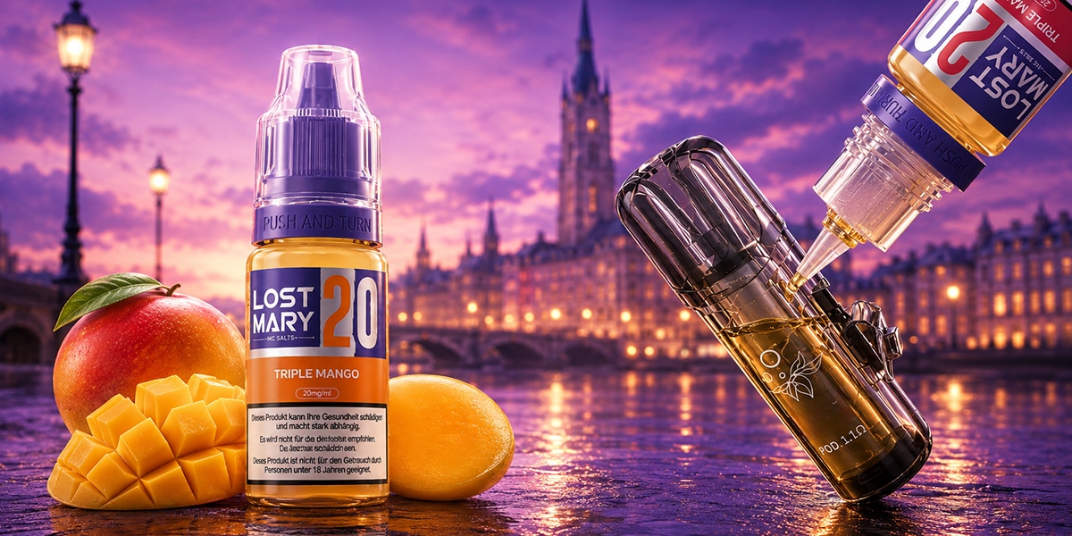 Lost Mary Flacone di liquido per sigaretta elettronica Triple Mango Nic Salt da 20 mg con mango e dispositivo pod sullo sfondo, disponibile presso Abendstadt.
