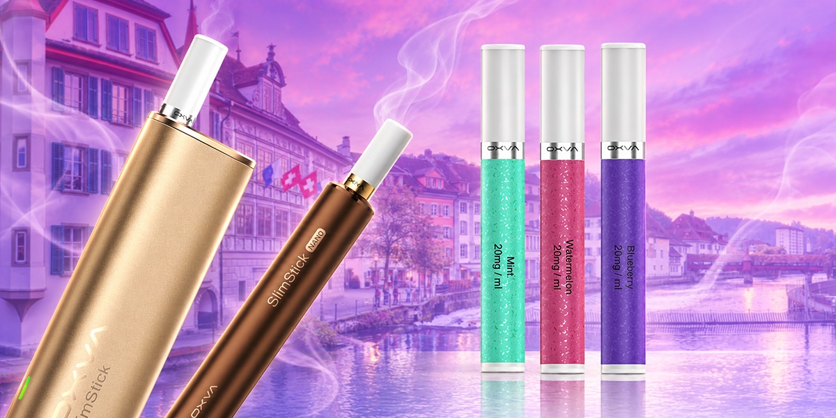 OXVA SlimStick Nano Vape mit 20 mg Pod Mint in Grün, neben weiteren Pods (Watermelon, Blueberry) vor Stadt-Kulisse