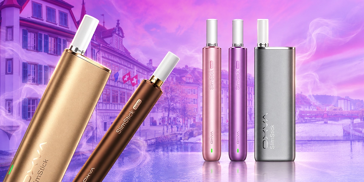 OXVA SlimStick Nano Vape 20 mg in Gold, Braun, Rosa, Lila und Grau vor Stadt- und Flusskulisse