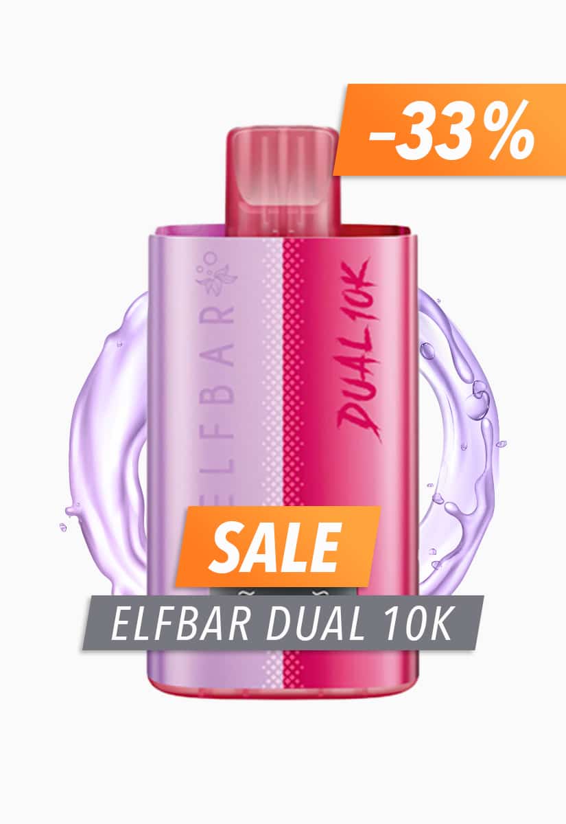 ELFBAR Dual 10K Einweg-Vape in lila-rot mit Wasser-Splash und Sale -33% Hinweis, 20 mg Nikotin