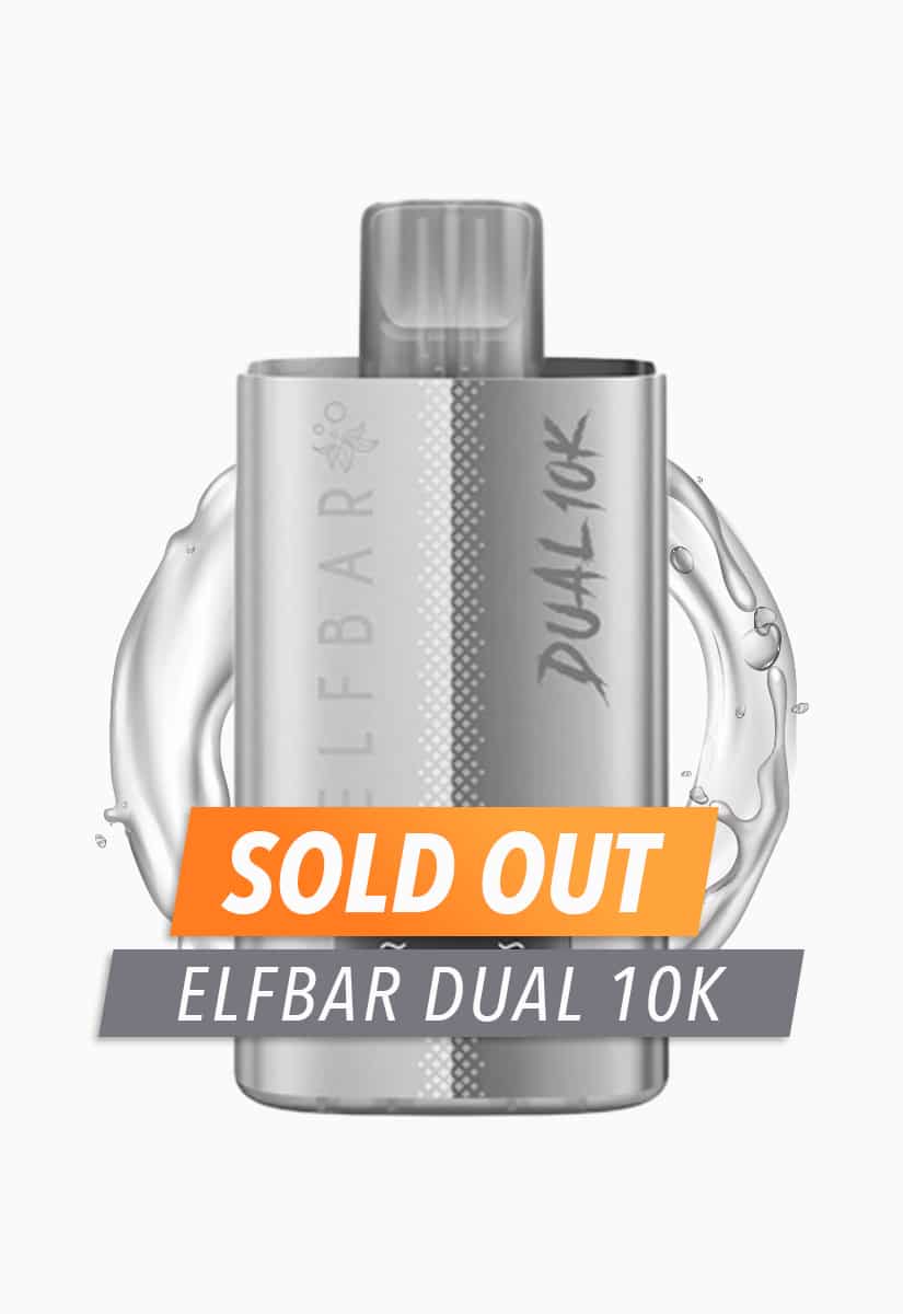 ELFBAR Dual 10K Einweg-Vape in Silber mit 20 mg Nikotin, Produktfoto mit Water-Splash und SOLD OUT Hinweis