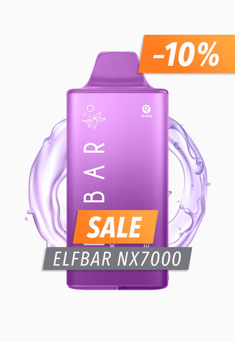 Lila Elfbar NX7000 BAR Einweg-Vape 20 mg mit BAR-Schriftzug und Sale/−10% Overlay vor Splash-Hintergrund