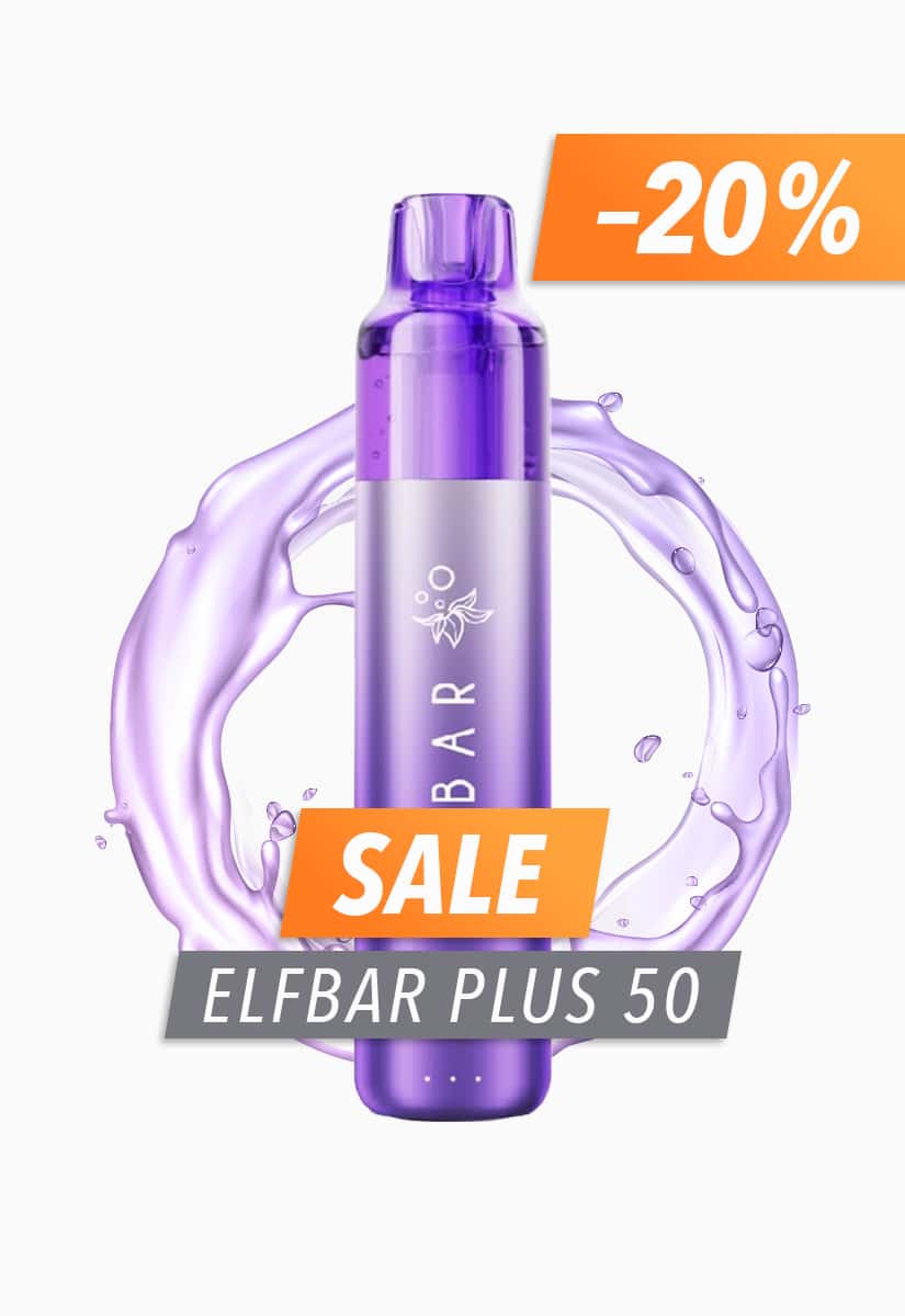 ELFBAR Plus 50 Einweg-Vape in Lila mit 20 mg, Sale-Banner und -20%-Hinweis vor Splash-Hintergrund