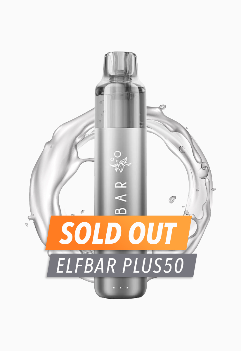ELFBAR Plus50 Vape in Silber mit 20 mg Nikotin, Produktfoto mit Wassersplash und „SOLD OUT“-Hinweis