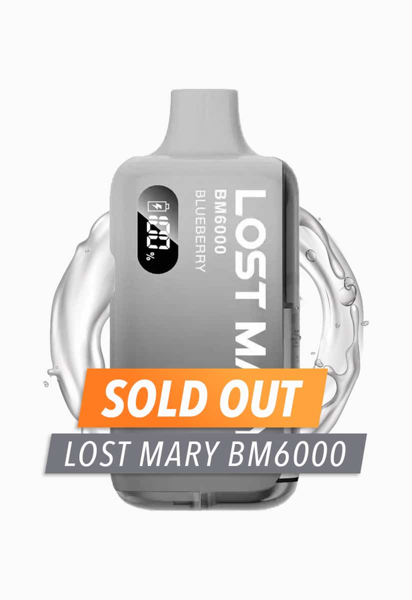 Lost Mary BM6000 Blueberry Vape 20 mg in Grau mit Akkustand-Anzeige, Produktbild mit „Sold Out“-Banner