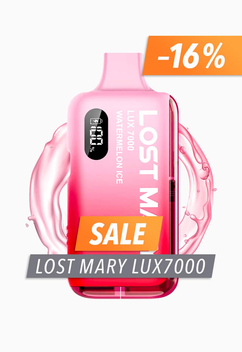 Lost Mary LUX7000 Vape Watermelon Ice in Pink-Rot mit 20 mg Nikotin, SALE-Banner und -16% Rabatt auf weißem Hintergrund