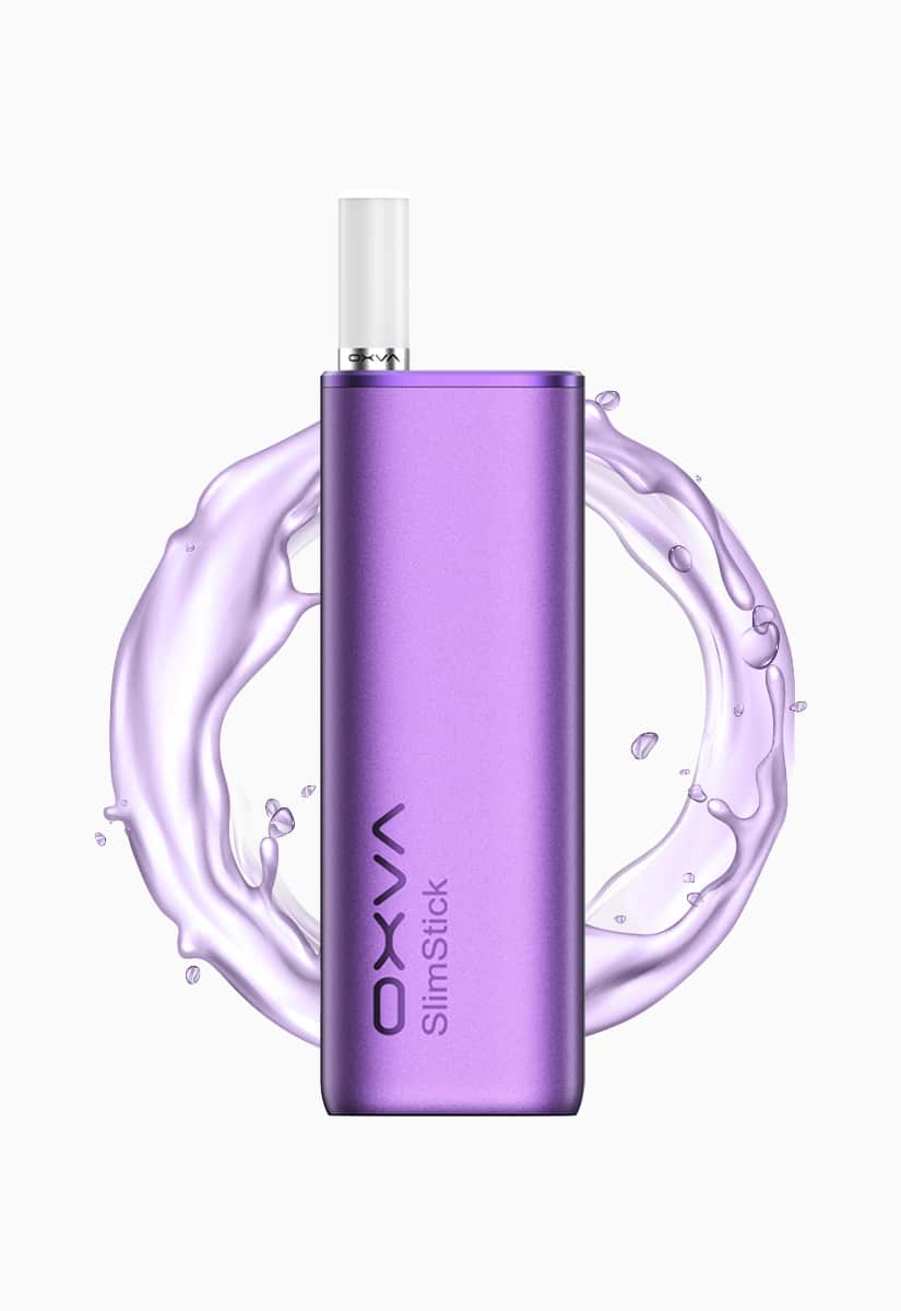 OXVA SlimStick Vape in Purple mit Pod, 20 mg Nikotin, Produktbild mit lilafarbenem Splash-Hintergrund