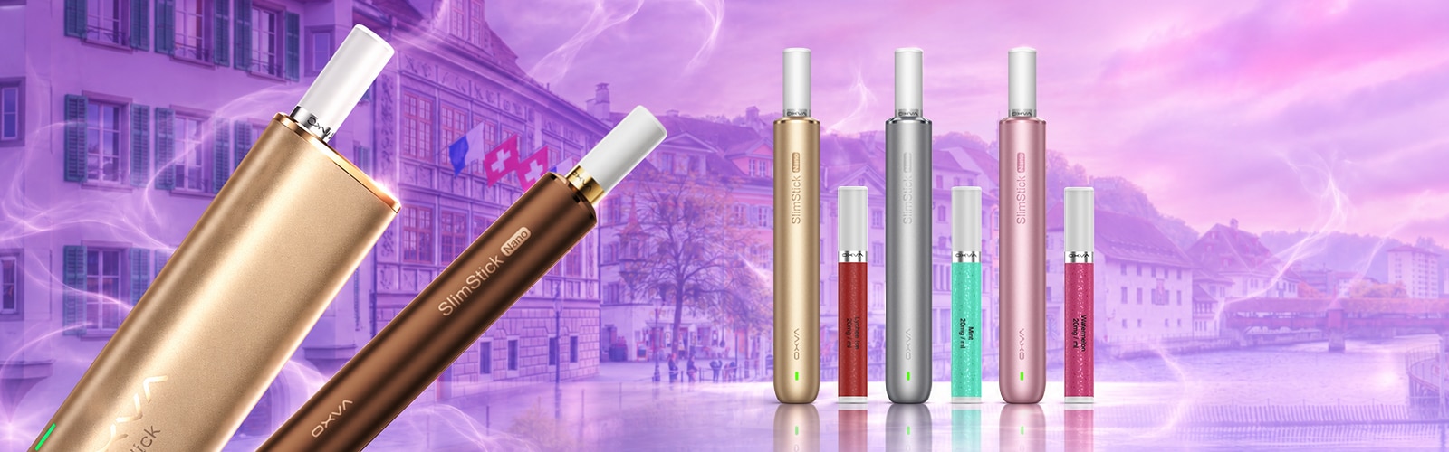 OXVA SlimStick Vape Set in Gold, Braun, Silber und Rosa mit Pods, 20 mg, vor violettem Stadt-Hintergrund