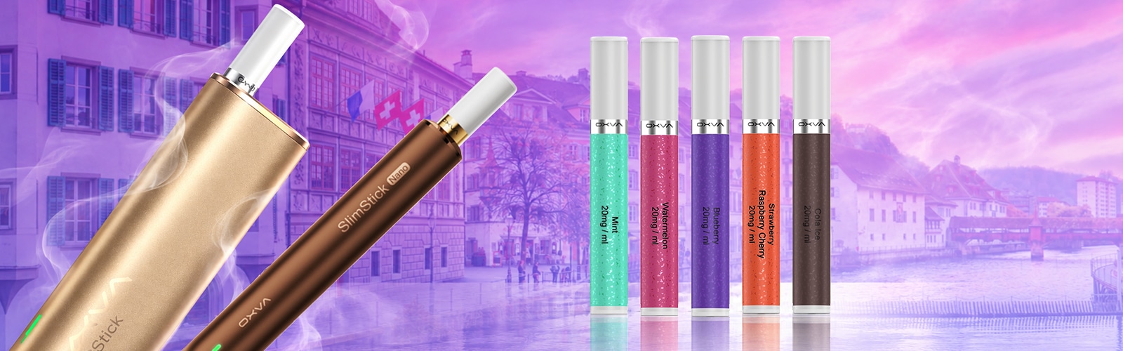 OXVA SlimStick Nano Vape mit Mint Pod 20 mg/ml, SlimStick-Geräte und farbige Pods vor Stadt-Hintergrund