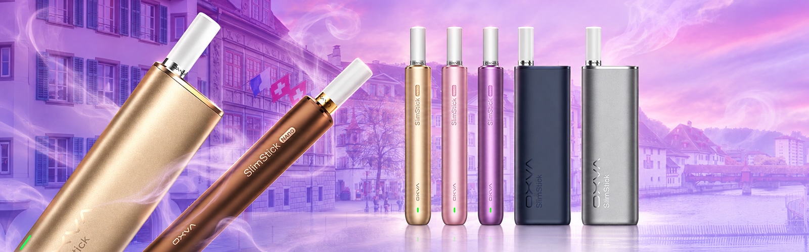 OXVA SlimStick Nano Vape in Gold und Braun sowie weitere SlimStick Geräte in Gold, Pink, Lila, Blau und Silber, 20 mg