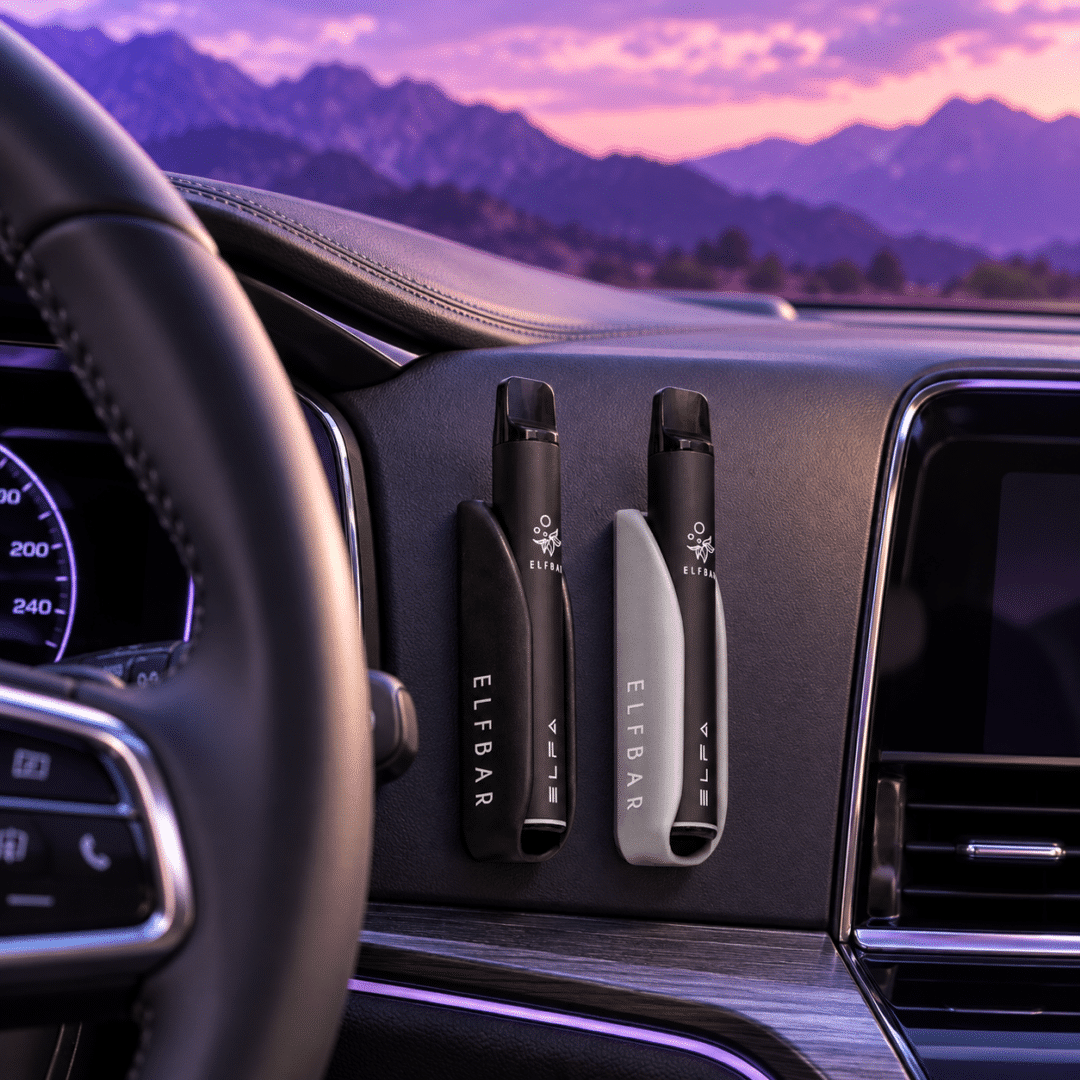 Zwei ELFBAR ELFA Vape-Pods in Schwarz und Grau, 20 mg, befestigt am Armaturenbrett im Auto mit Bergblick