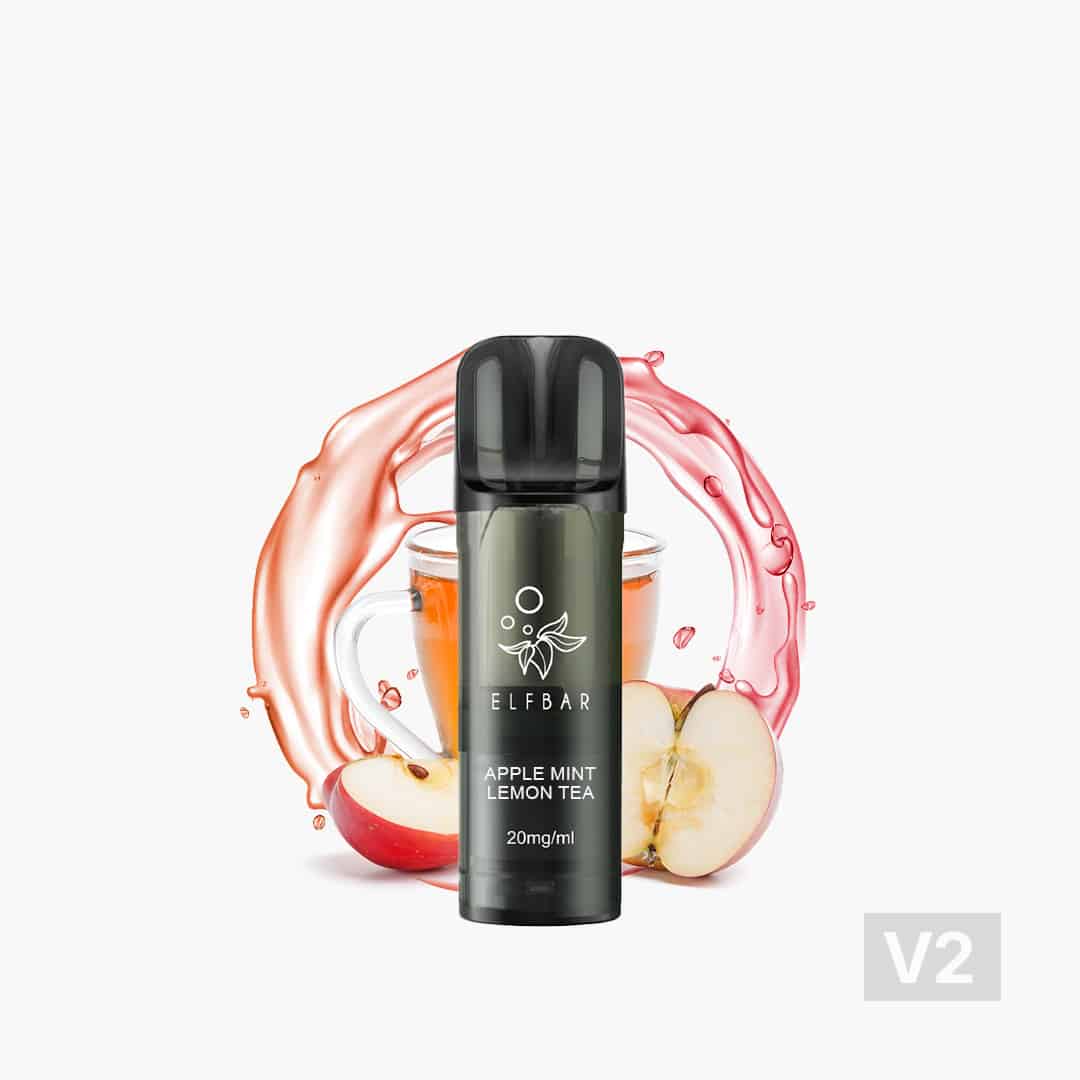 ELFBAR Vape Apple Mint Lemon Tea mit 20 mg/ml Nikotin vor Teeglas und Apfelstücken, Version V2