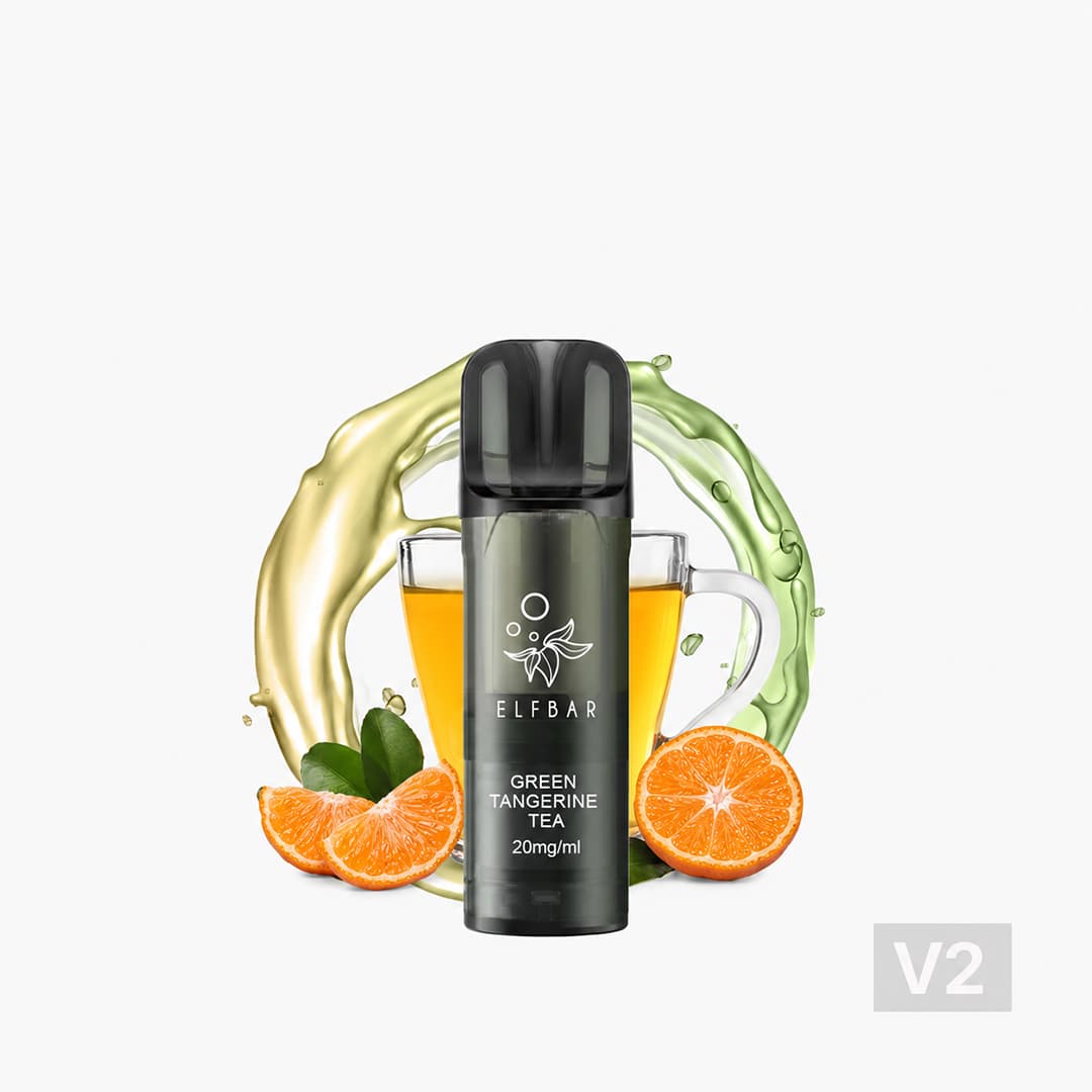 ELFBAR Vape Green Tangerine Tea V2 mit 20 mg/ml vor Teeglas und Mandarinen auf weißem Hintergrund