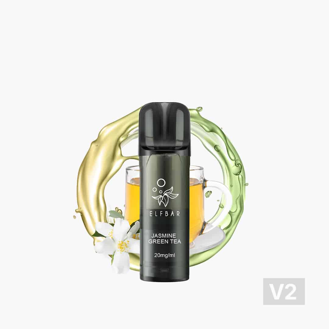 ELFBAR V2 Vape Jasmine Green Tea mit 20 mg/ml Nikotin vor Teeglas, grünen Spritzern und Jasminblüte