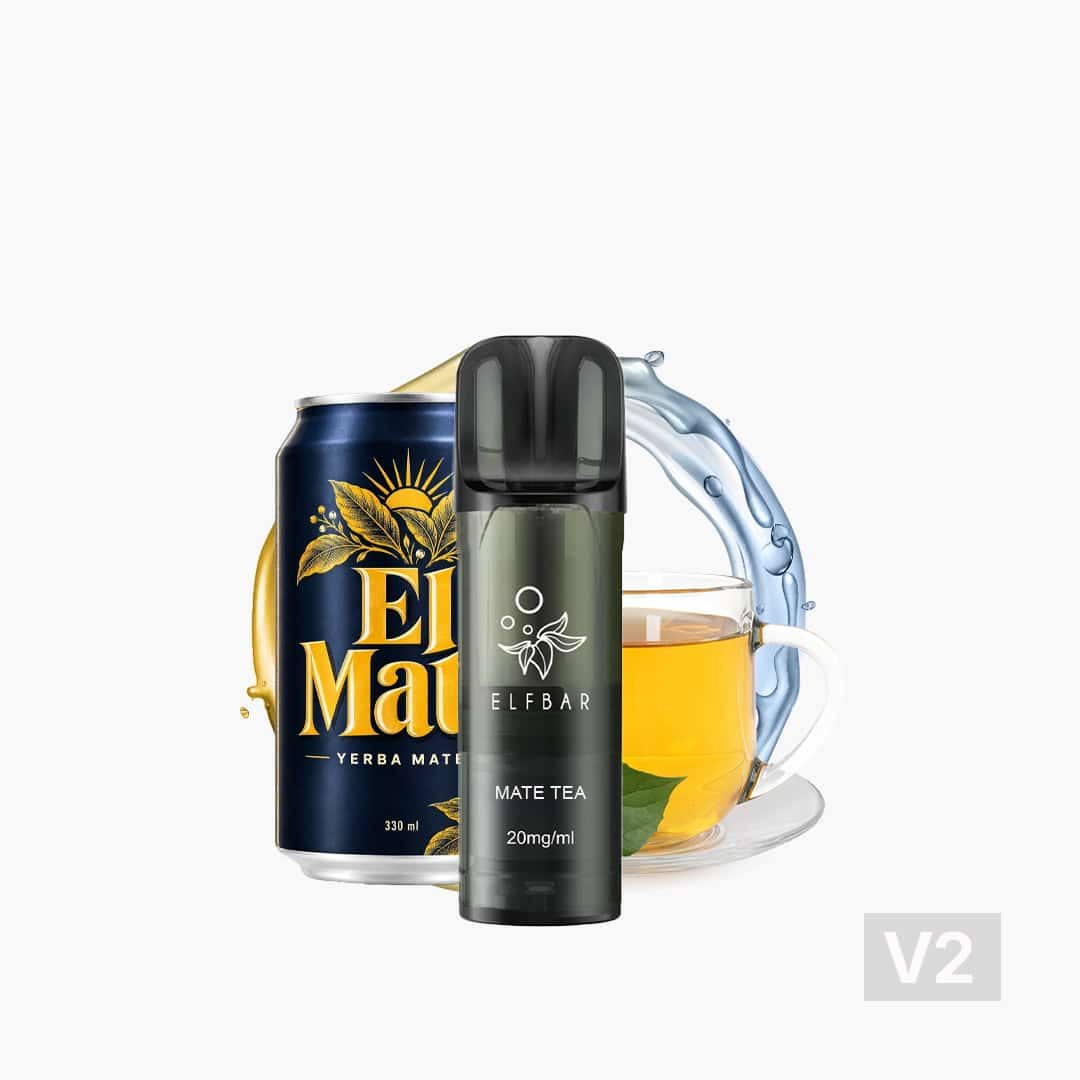 ELFBAR Mate Tea Pod Vape mit 20 mg/ml Nikotin vor El Mate Yerba Mate Dose und Teetasse im Hintergrund