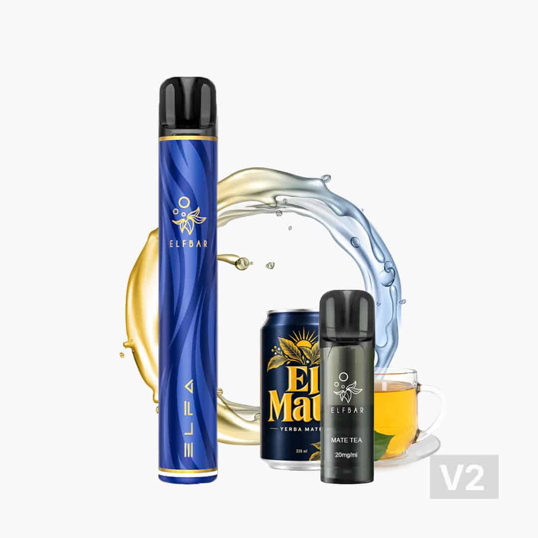 Vape ELFBAR ELFA bleue avec capsule de thé maté ELFBAR ELFA 20 mg/ml, avec une boîte de maté et une tasse de thé en arrière-plan.