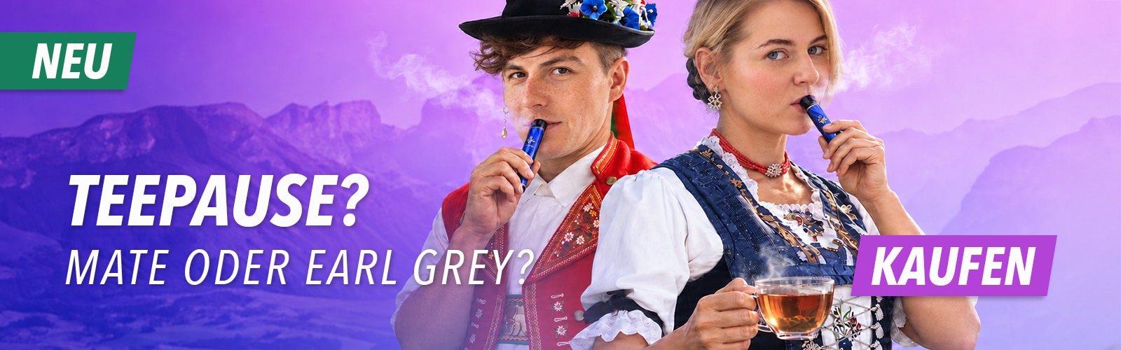 Banner mit zwei Personen in Tracht, die eine blaue Vape nutzen; Text „TEEPAUSE? Mate oder Earl Grey?“ und Button „Kaufen“, 20 mg