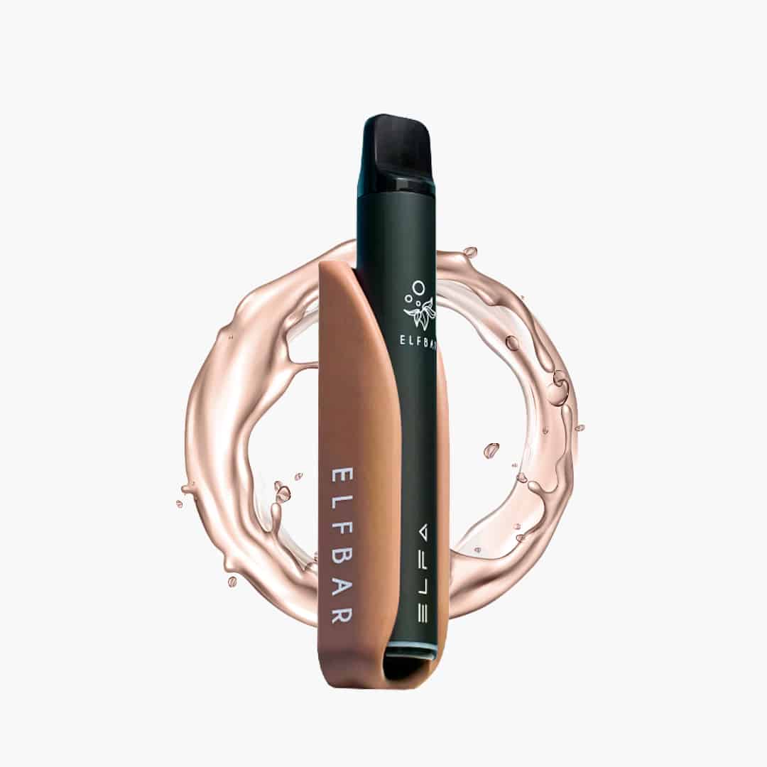 ELFBAR ELFA Pod Vape in Braun/Schwarz mit 20 mg Nikotin vor spritzigem, hellbraunem Hintergrund