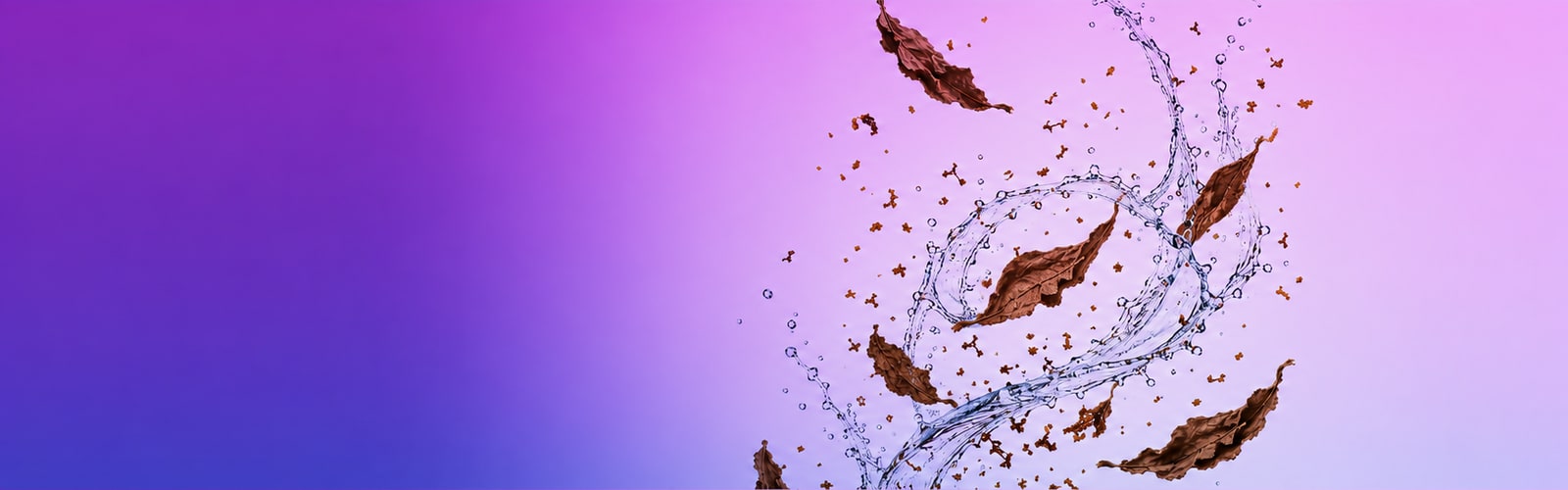 Mood image: brown tobacco leaves and spice particles in a water splash against a purple background, 20 mg
