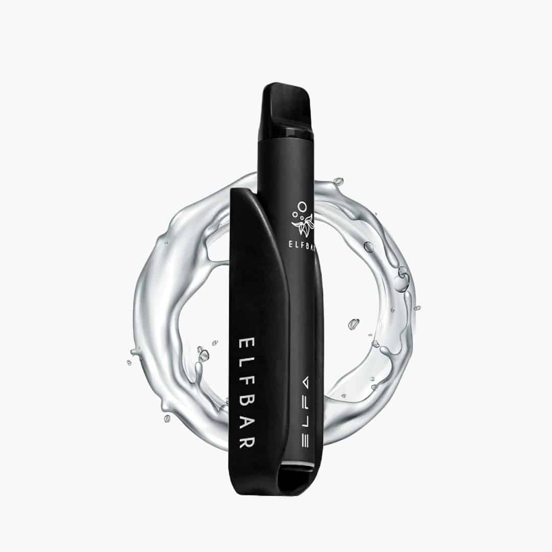 ELFBAR ELFA Pod Kit in Schwarz mit ELFBAR-Branding vor Wasser-Splash-Hintergrund, 20 mg Nikotin.