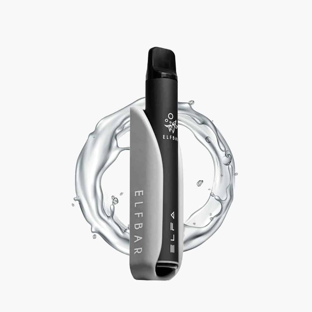 Elfbar Elfa Pod Vape in Schwarz und Silber mit Wassersplash-Hintergrund, 20 mg Nikotin