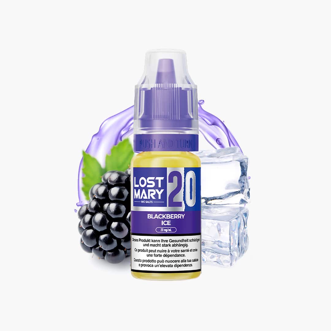LOST MARY Nic Salts Blackberry Ice 20 mg E-Liquid Flasche mit Brombeeren und Eiswürfeln auf weißem Hintergrund