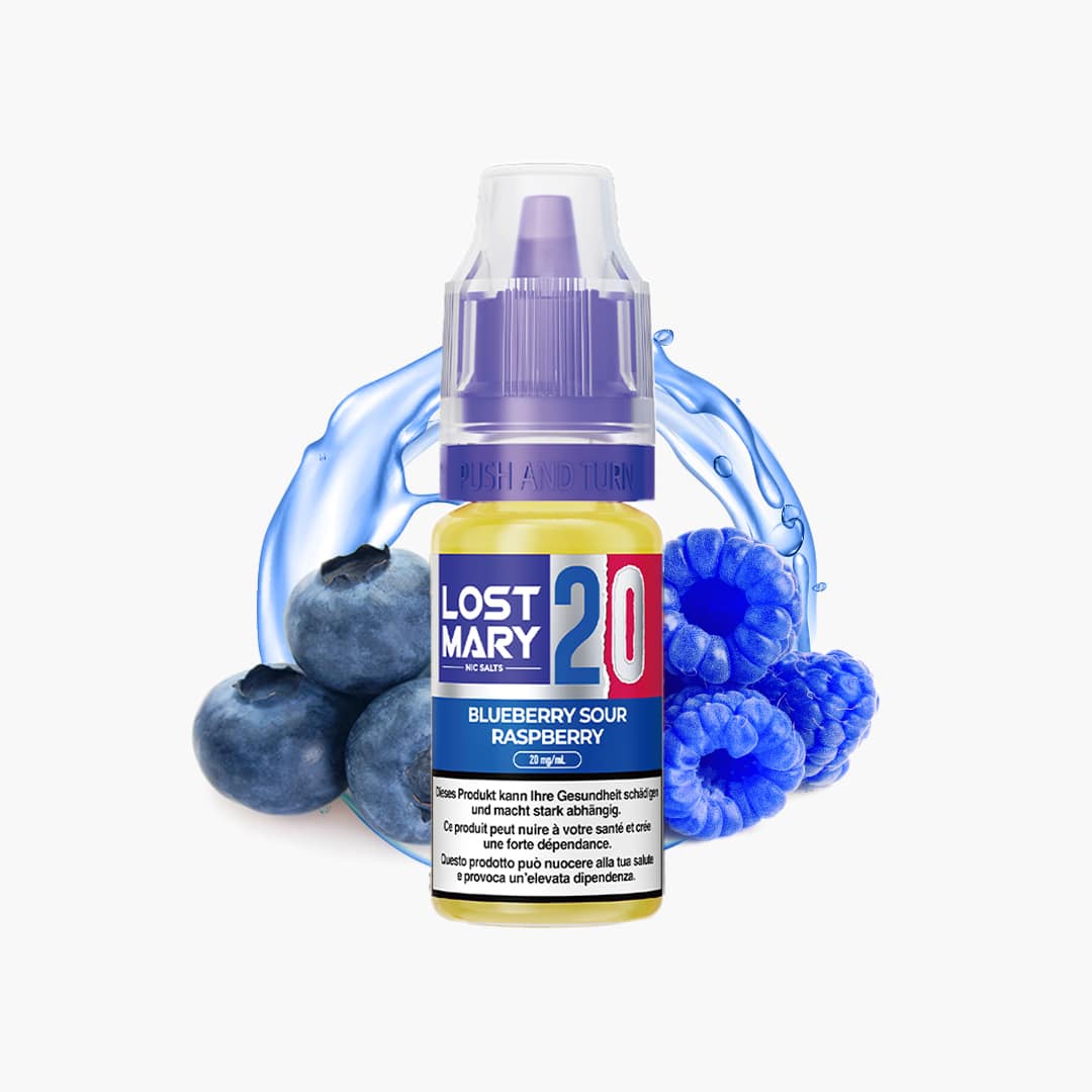 Lost Mary Nic Salts 20 mg Blueberry Sour Raspberry Liquidflasche mit Push-and-Turn-Deckel, Blaubeeren und Himbeeren