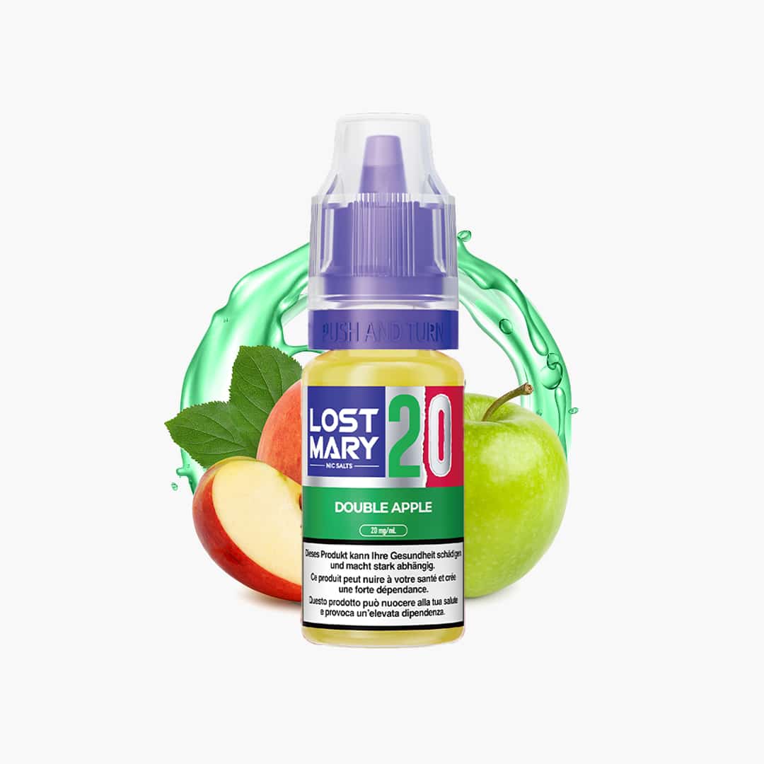 Lost Mary Nic Salts Double Apple E-Liquid 20 mg/ml mit Apfel-Motiv und grünem Splash auf weißem Hintergrund