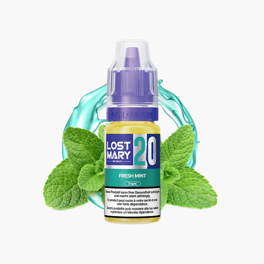 Lost Mary Nic Salts Fresh Mint 20 mg E-Liquid Flasche mit Minzblättern und blauem Spritzring auf weißem Hintergrund