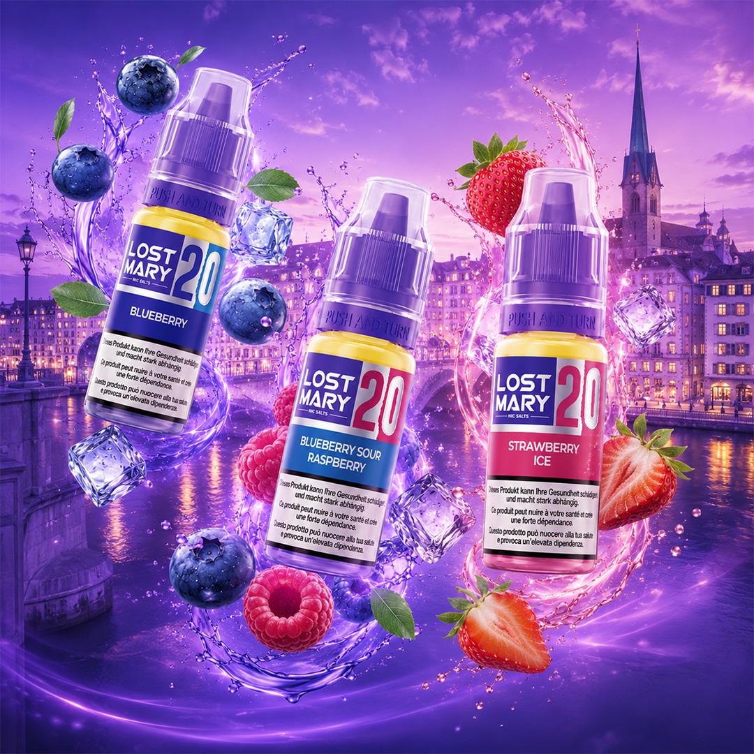 Drei Lost Mary Nic Salts 20 mg Pods: Blueberry, Blueberry Sour Raspberry und Strawberry Ice mit Beeren, Eiswürfeln und Splash