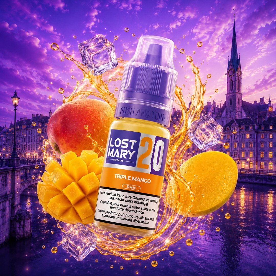 Lost Mary Nic Salts 20 mg Triple Mango E-Liquid Flasche vor Mango, Eiswürfeln und violettem Stadtpanorama