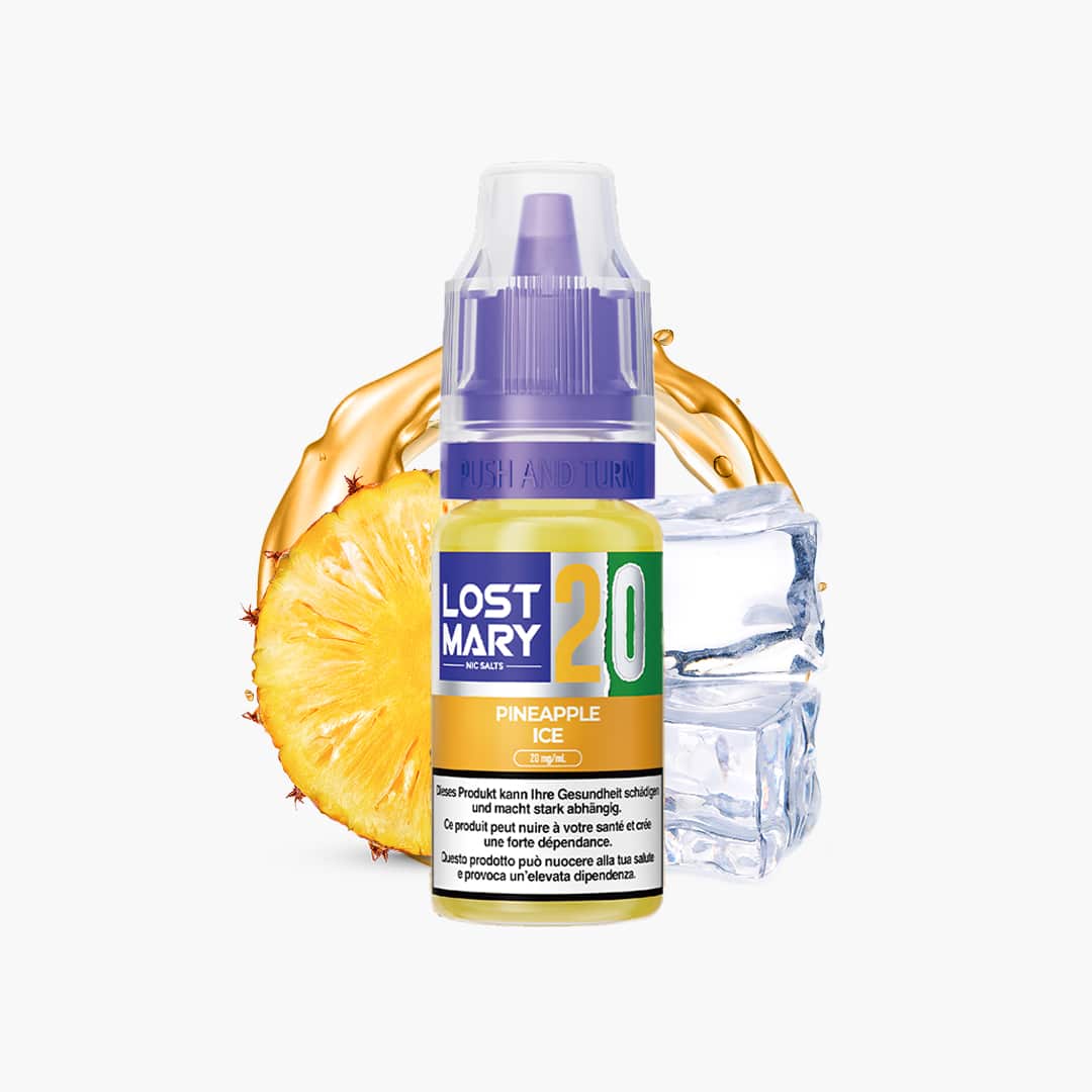 Lost Mary Nic Salts Pineapple Ice E-Liquid 20 mg mit Ananas-Scheibe und Eiswürfeln im Hintergrund