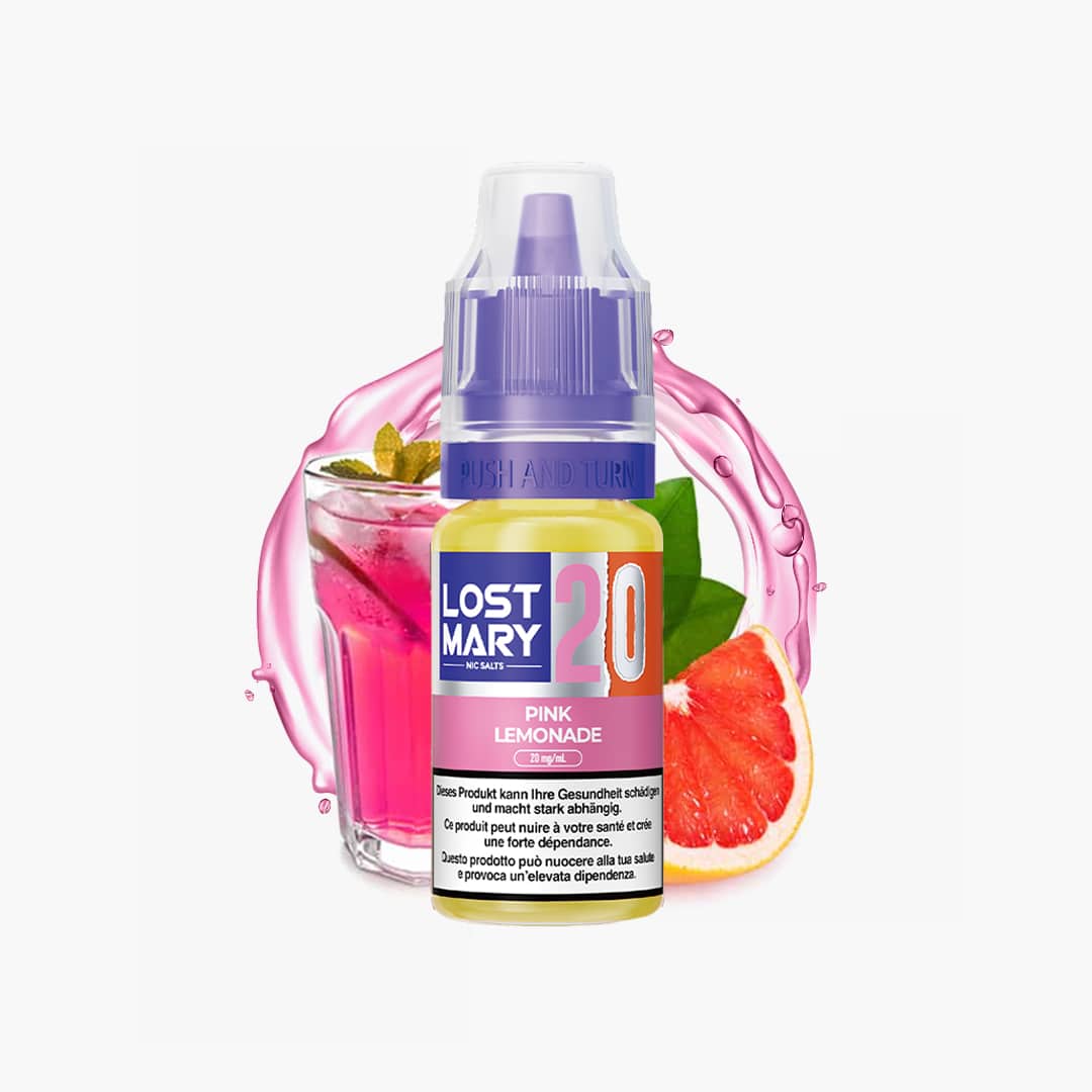 Lost Mary Nic Salts Pink Lemonade 20 mg E-Liquid Flasche vor pinker Limonade und Grapefruit-Scheibe